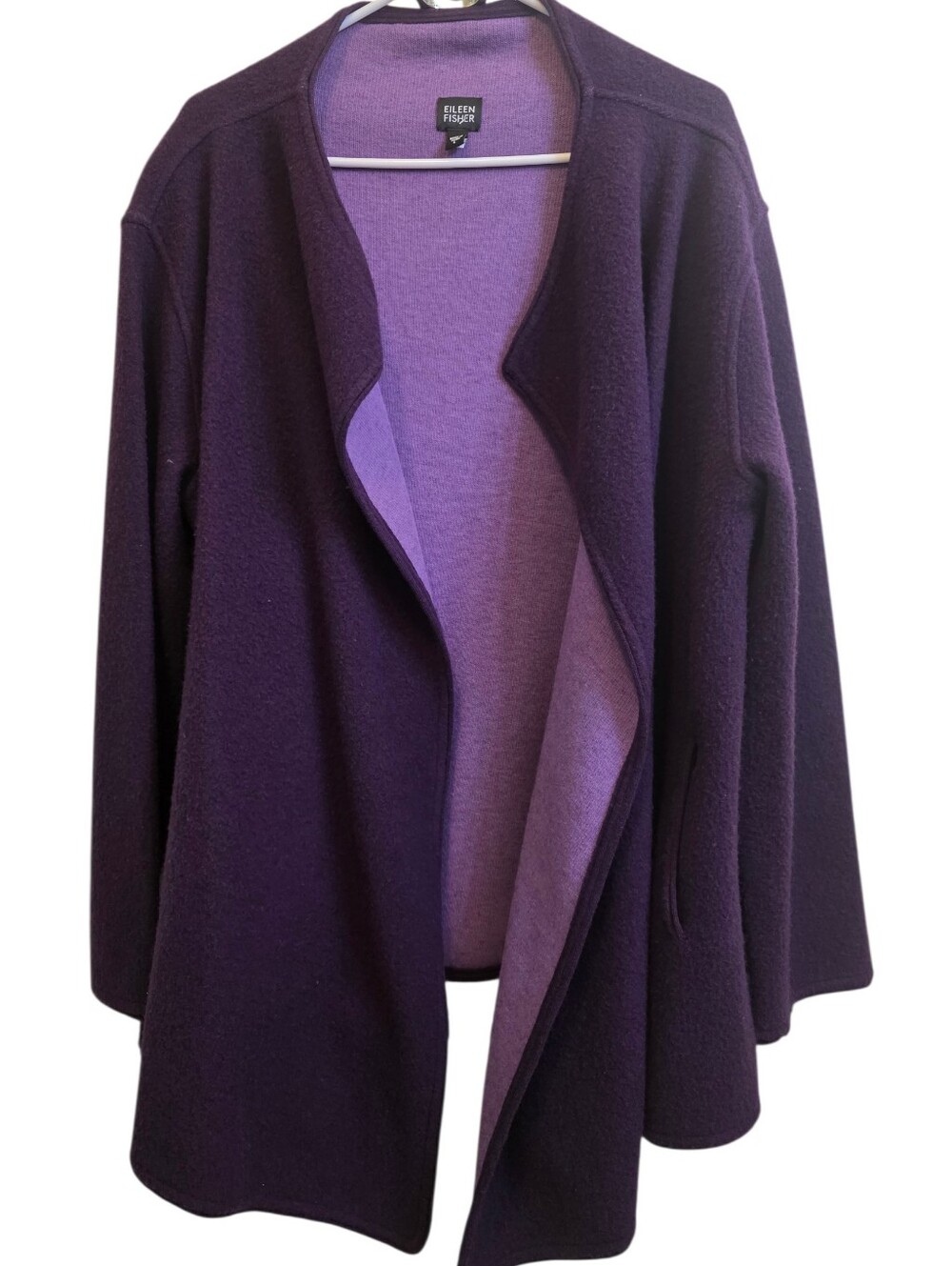 Eileen Fisher EUC Lambswool Blend Open Front Waterfall Coat Pockets Purple Sz L